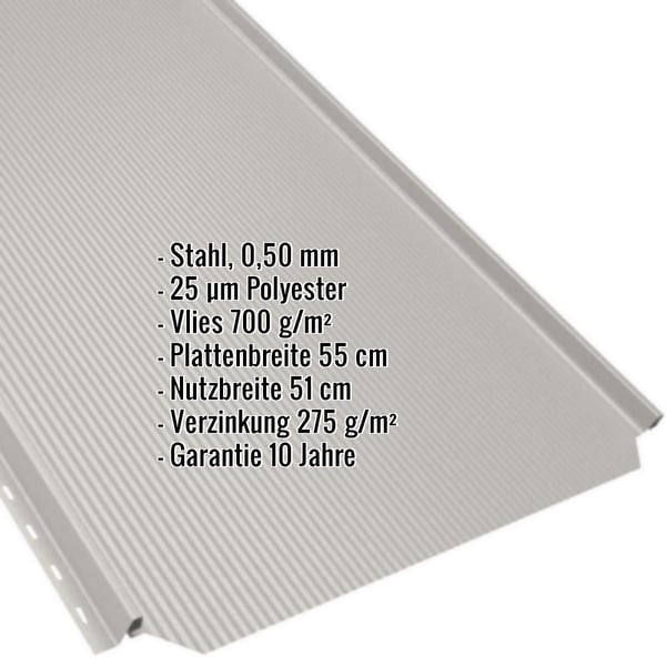 Stehfalzblech PD-510-S Reinweiß (RAL 9010) mit eingeblendeten Eckdaten zu Material, Stärke und Beschichtung