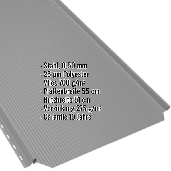 Stehfalzblech PD-510-S Weißaluminium, 0,50 mm Stahl, mit eingeblendeten Eckdaten