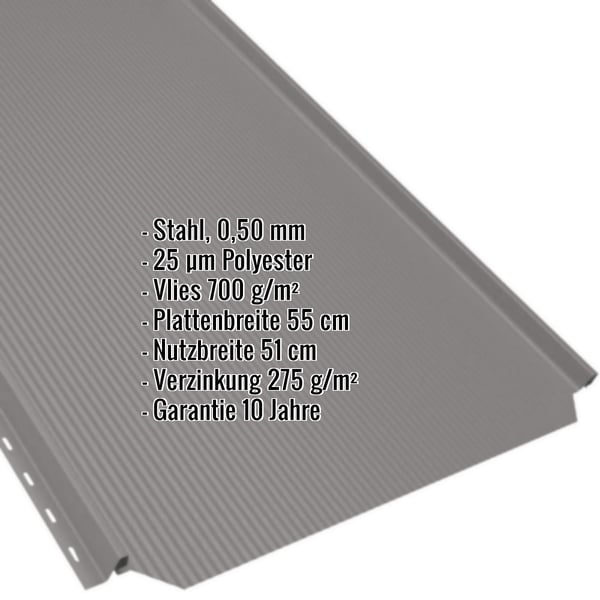 Stehfalzblech PD-510-S Graualuminium mit eingeblendeten technischen Daten