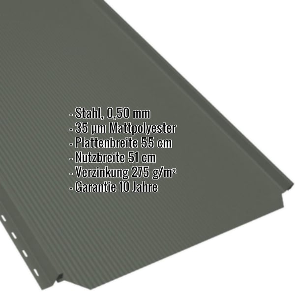 Stehfalzblech PD-510-S Nano in Grün, Detailansicht mit eingeblendeten Eckdaten zu Material, Beschichtung und Massen