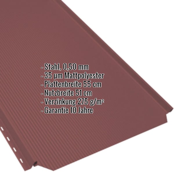 Stehfalzblech PD-510-S Kirschrot, 0,50 mm Stahl, mit eingeblendeten Eckdaten
