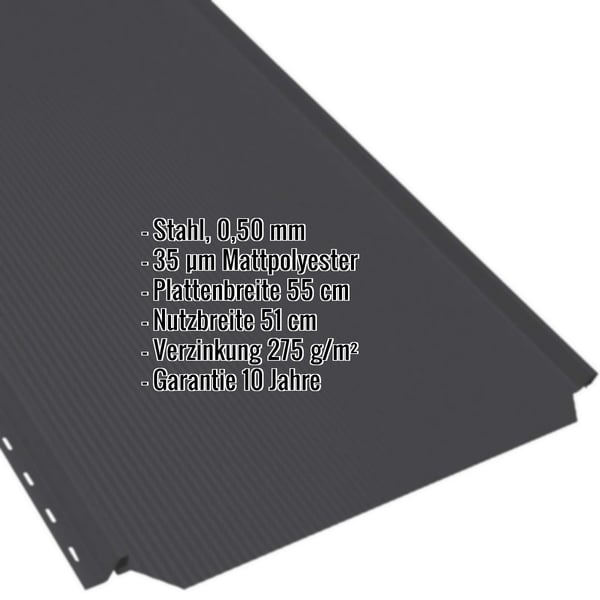 Stehfalzblech PD-510-S Nano Tiefschwarz mit eingeblendeten Eckdaten zu Material, Staerke und Garantie