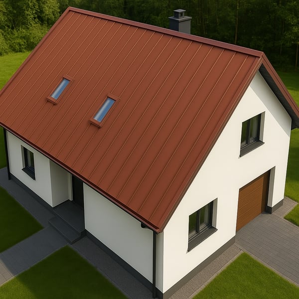 Stehfalzblech PD-510-S Ziegelrot auf einem Einfamilienhaus mit Dachfenstern, Draufsicht