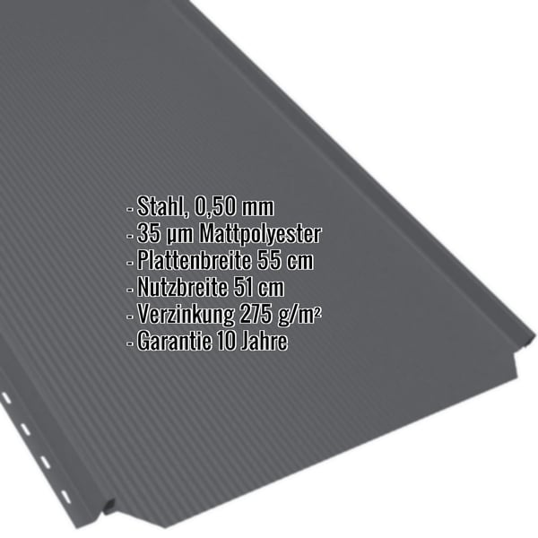 Stehfalzblech PD-510-S Anthrazitgrau, Detailansicht mit eingeblendeten technischen Daten