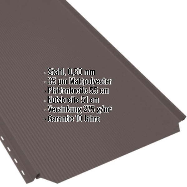 Stehfalzblech PD-510-S schokoladenbraun, 0,50 mm Stahl, mit eingeblendeten Eckdaten