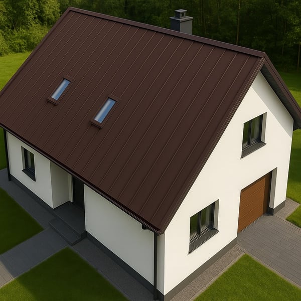 Stehfalzblech PD-510-S schokoladenbraun auf einem Einfamilienhaus mit zwei Dachfenstern