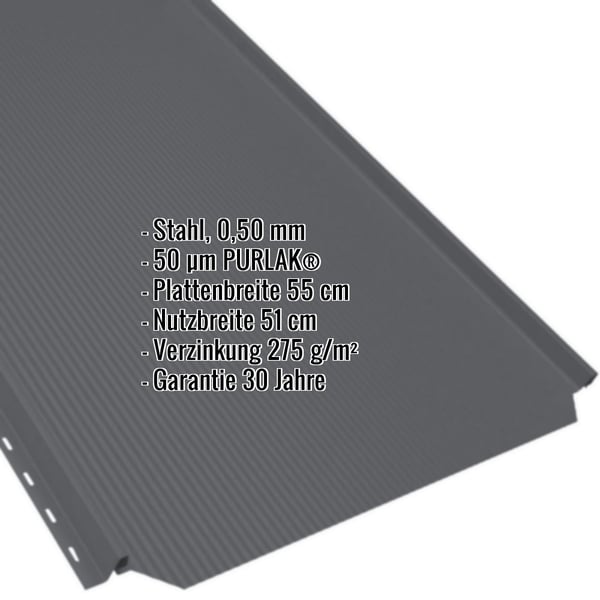 Stehfalzblech PD-510-S Anthrazitgrau, 0,50 mm Stahl, mit eingeblendeten Eckdaten