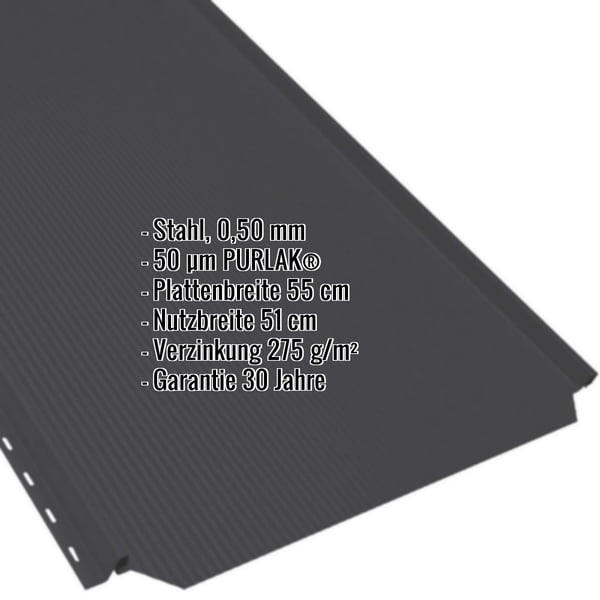 Stehfalzblech PD-510-S Tiefschwarz, 0,50 mm Stahl, mit eingeblendeten Eckdaten