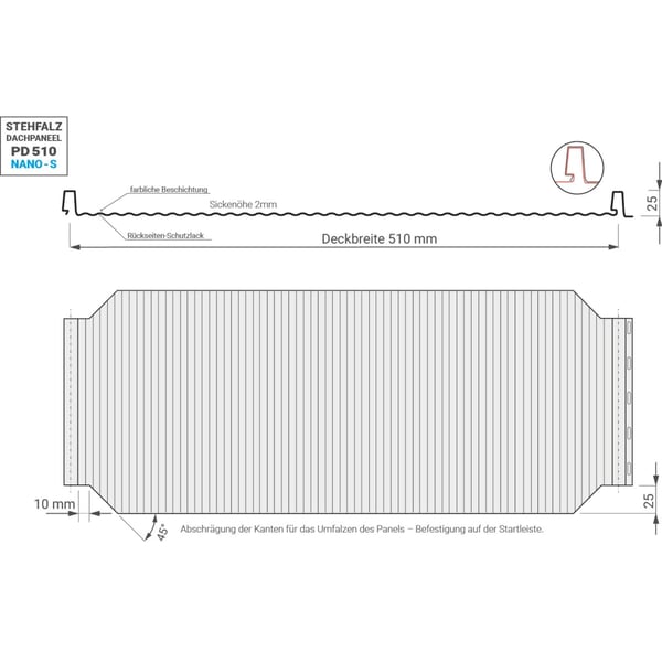 Technische Zeichnung Stehfalzblech PD-510-S mit Deckbreite 510 mm und Sickenhoehe 2 mm