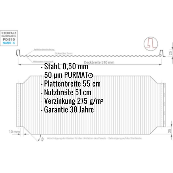 Stehfalzblech PD-510-S Kirschrot, technische Zeichnung mit Massen und Materialangaben, Infografik