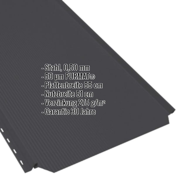 Stehfalzblech PD-510-S Tiefschwarz, Stahl 0,50 mm, PURMAT® Beschichtung, Eckdaten eingeblendet