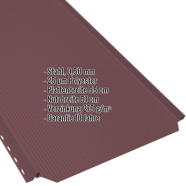 Stehfalzblech PD-510-S weinrot, 0,50 mm Stahl, mit eingeblendeten Eckdaten