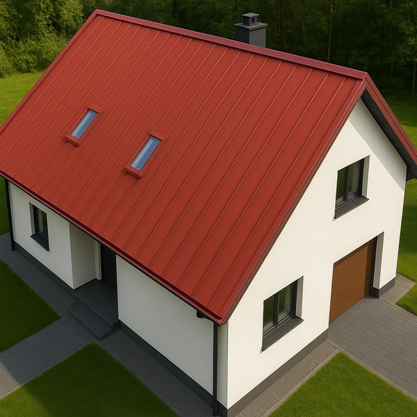 Stehfalzblech PD-510-S korallenrot auf einem Einfamilienhaus mit Garage und zwei Dachfenstern