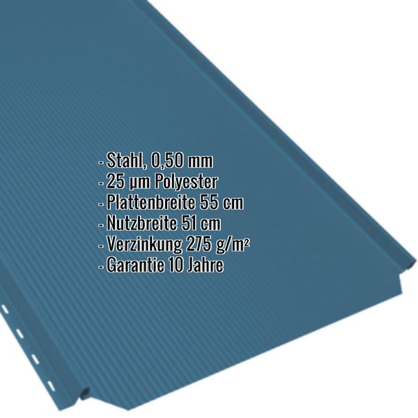 Stehfalzblech PD-510-S Enzianblau mit eingeblendeten Eckdaten zu Material, Staerke und Beschichtung