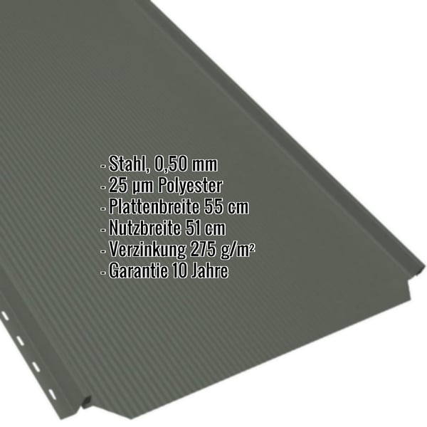 Stehfalzblech PD-510-S Chromoxidgrün, 0,50 mm Stahl, Polyesterbeschichtung, mit eingeblendeten Eckdaten