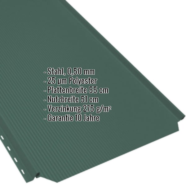Stehfalzblech PD-510-S Moosgrün, 0,50 mm Stahl, mit Eckdaten-Einblendung