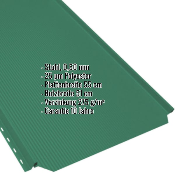 Stehfalzblech PD-510-S Minzgrün, 0,50 mm Stahl, mit eingeblendeten Eckdaten