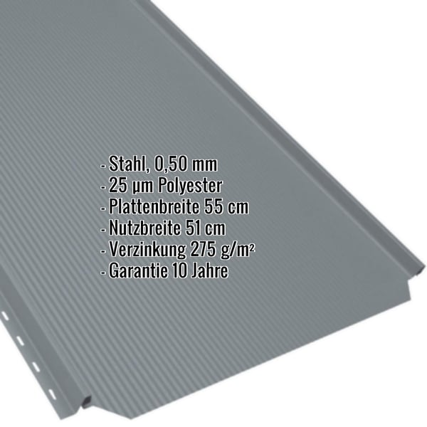 Stehfalzblech PD-510-S Fehgrau (RAL 7000) mit eingeblendeten Eckdaten zu Material, Staerke und Beschichtung