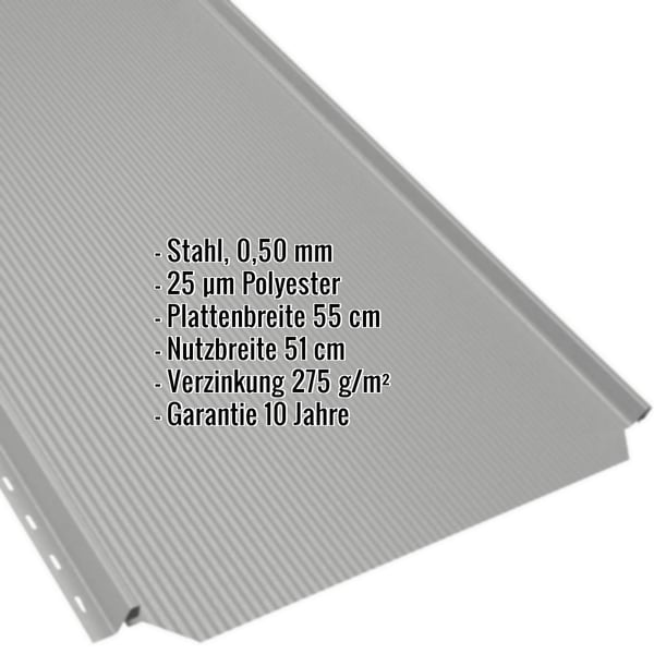 Stehfalzblech PD-510-S Lichtgrau mit eingeblendeten Eckdaten zu Material, Staerke und Beschichtung