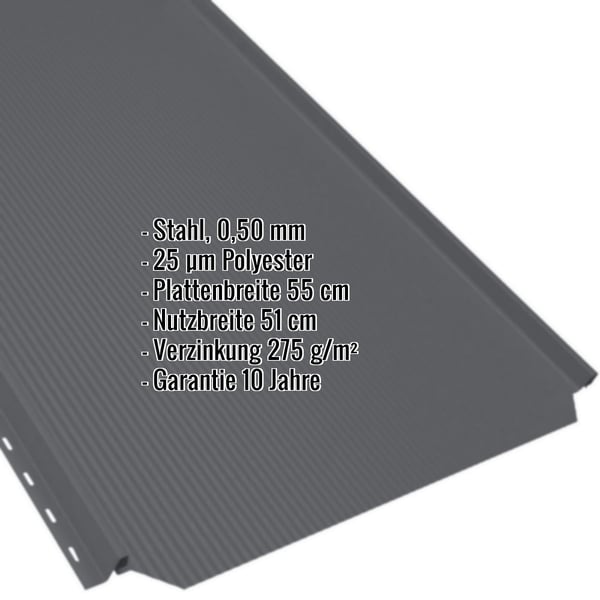 Stehfalzblech PD-510-S in Anthrazitgrau, 0,50 mm Stahl, mit eingeblendeten Eckdaten