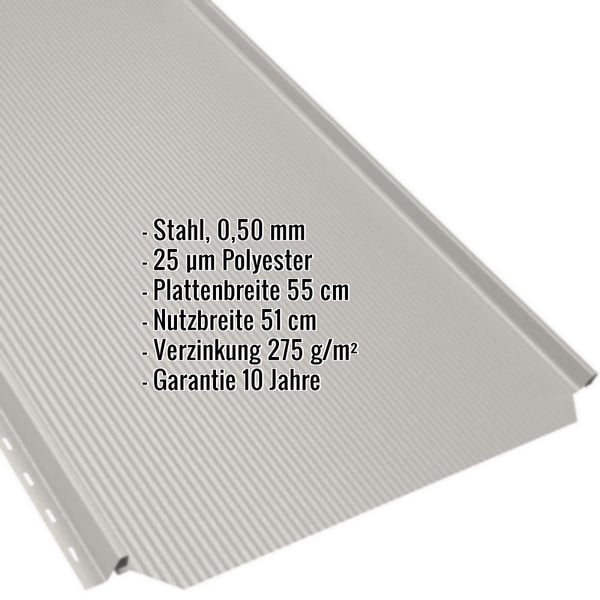 Stehfalzblech PD-510-S Reinweiß (RAL 9010) mit eingeblendeten Eckdaten zu Material, Stärke und Beschichtung