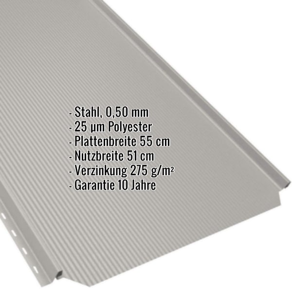 Stehfalzblech PD-510-S Grauweiß, 0,50 mm Stahl, mit eingeblendeten technischen Daten
