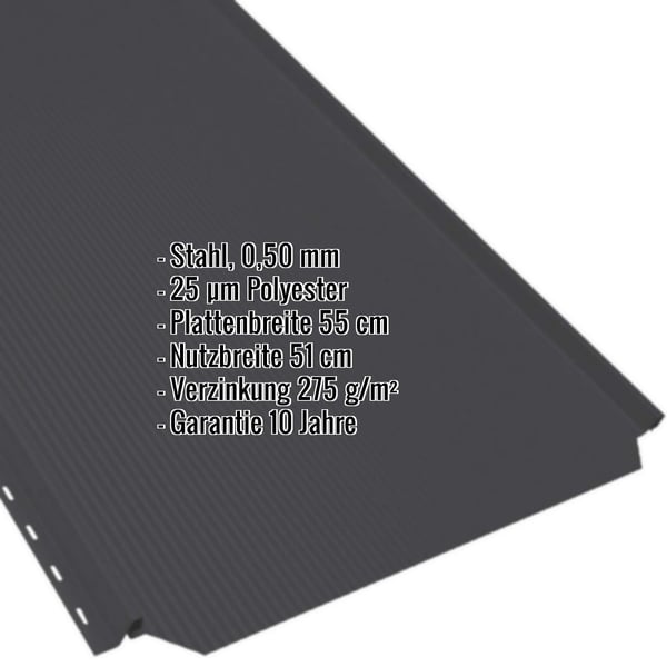 Stehfalzblech PD-510-S Tiefschwarz, 0,50 mm Stahl, mit eingeblendeten Eckdaten