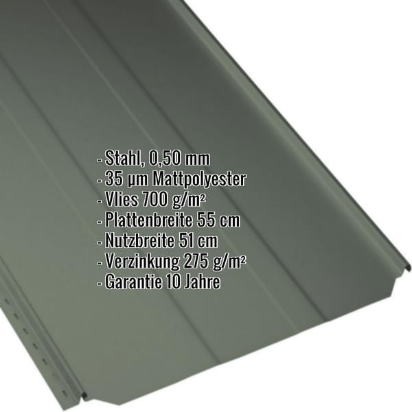 Stehfalzblech PD-510-S Trapezblech gruen, 0,50 mm Stahl, Infografik mit Eckdaten