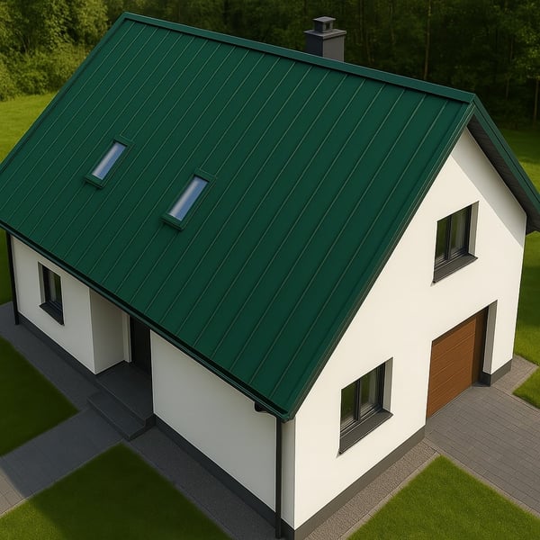 Stehfalzblech PD-510-S gruen am Dach eines Einfamilienhauses mit zwei Dachfenstern