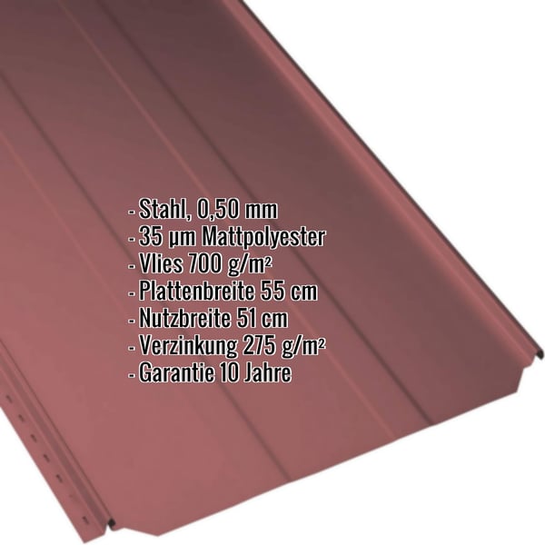 Stehfalzblech PD-510-S Kirschrot, 0,50 mm Stahl, mit eingeblendeten Eckdaten