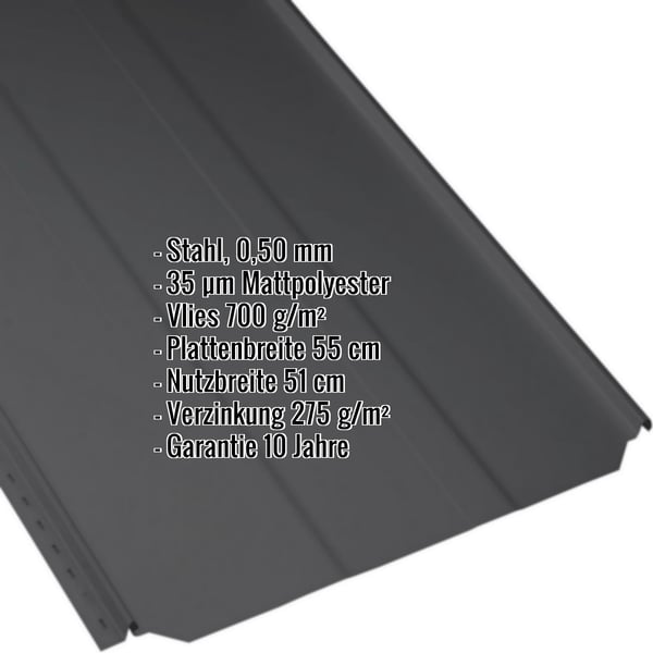 Stehfalzblech PD-510-S Trapez Tiefschwarz mit eingeblendeten Eckdaten zu Material, Staerke und Beschichtung