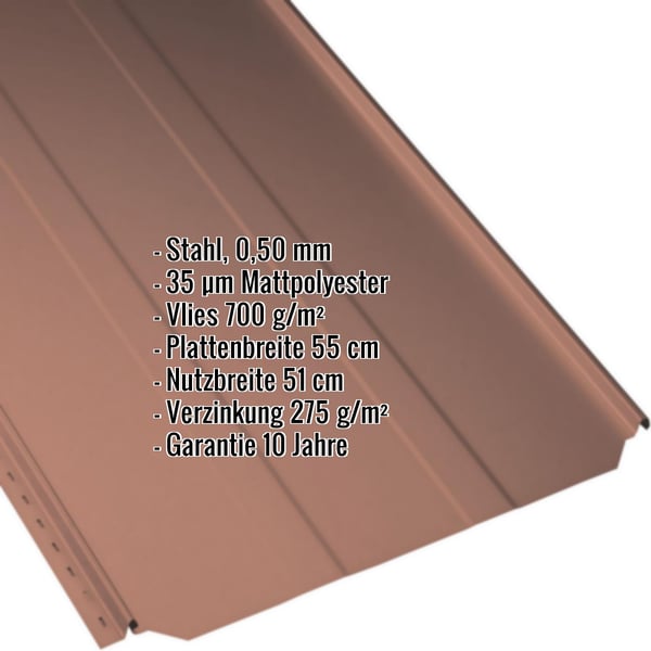Stehfalzblech PD-510-S Trapez Ziegelrot, 0,50 mm Stahl, mit eingeblendeten Eckdaten