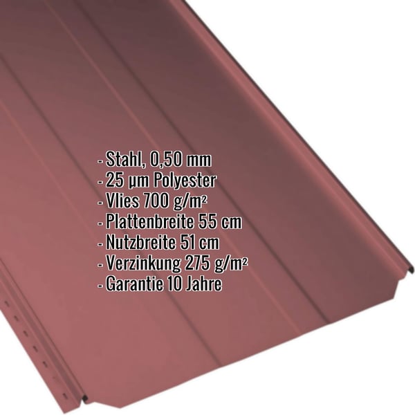 Stehfalzblech PD-510-S Trapez Kirschrot, 0,50 mm Stahl, mit eingeblendeten Eckdaten