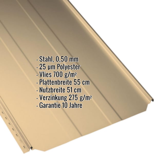 Stehfalzblech PD-510-S Trapezblech sandgelb, 0,50 mm Stahl, mit eingeblendeten Eckdaten