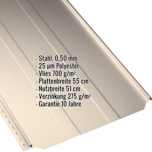 Stehfalzblech PD-510-S Hellelfenbein mit technischen Eckdaten eingeblendet