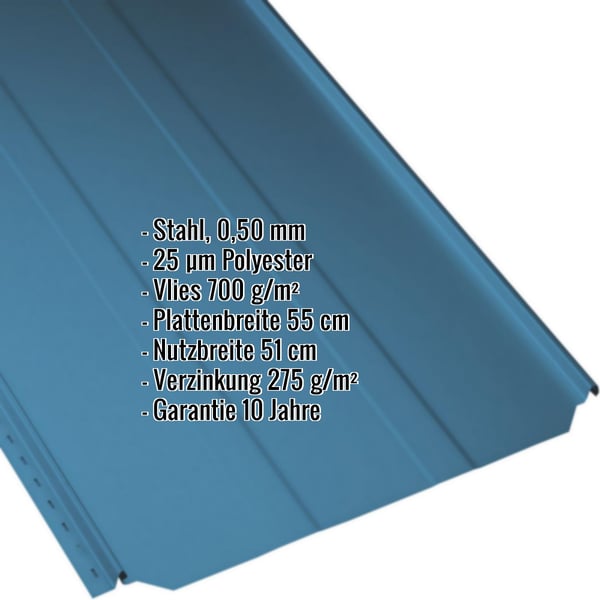 Stehfalzblech PD-510-S Trapez Enzianblau RAL 5010 mit eingeblendeten Eckdaten