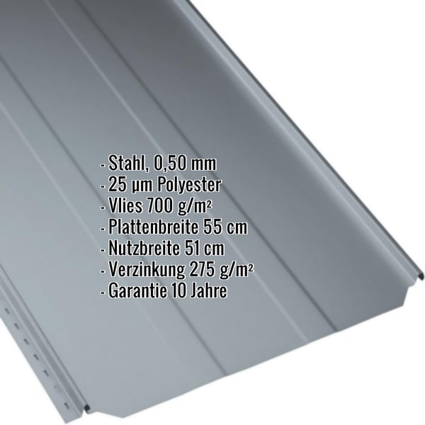 Stehfalzblech PD-510-S Fehgrau, Stahl 0,50 mm, Polyester 25 µm, Vlies 700 g/m², Eckdaten eingeblendet
