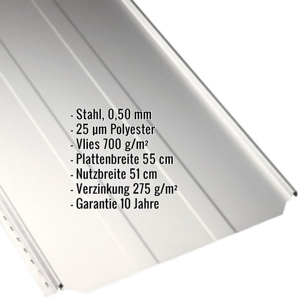 Stehfalzblech PD-510-S Reinweiß, Stahl 0,50 mm, mit eingeblendeten technischen Daten und Eigenschaften