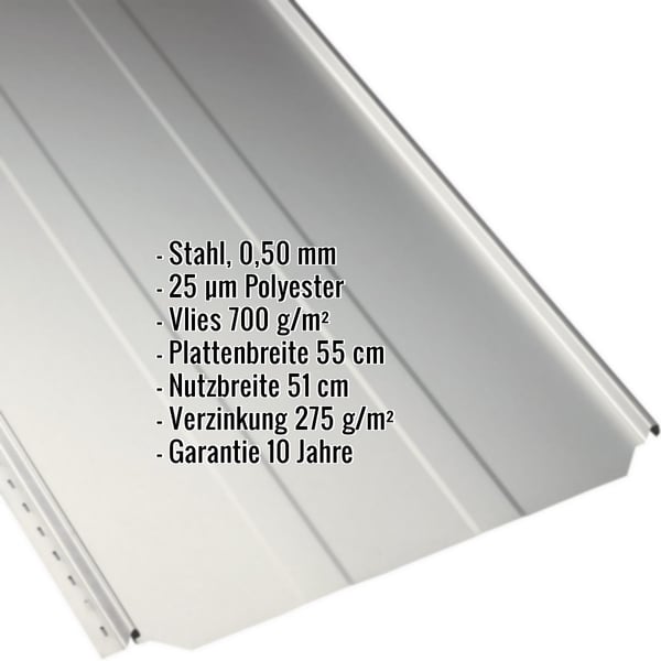 Stehfalzblech PD-510-S Trapez Grauweiß, 0,50 mm Stahl, mit eingeblendeten Eckdaten