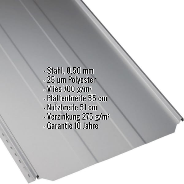 Stehfalzblech PD-510-S Trapez Weißaluminium mit eingeblendeten Eckdaten