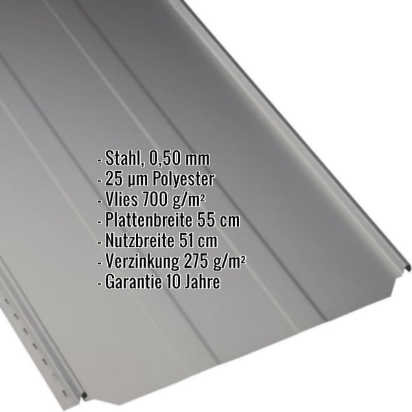 Stehfalzblech PD-510-S Trapez Graualuminium mit eingeblendeten Eckdaten zu Material, Staerke und Beschichtung