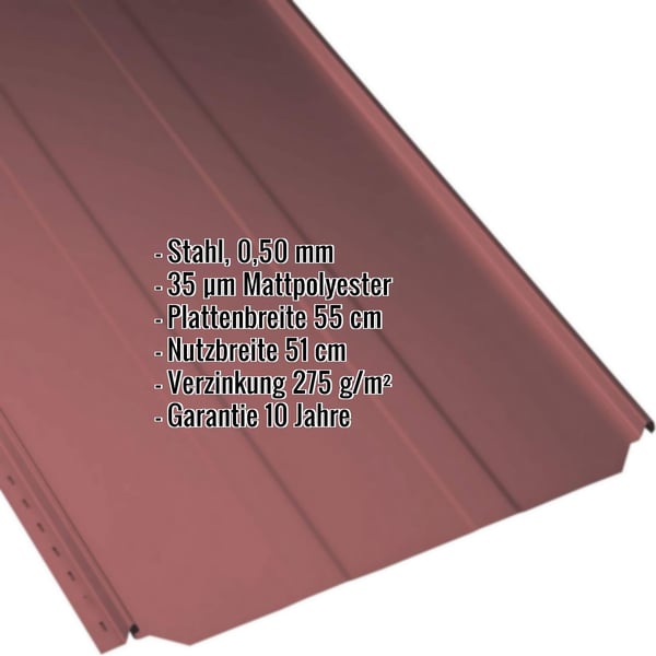 Stehfalzblech PD-510-S Kirschrot, 0,50 mm Stahl, Mattpolyester Beschichtung, Eckdaten eingeblendet