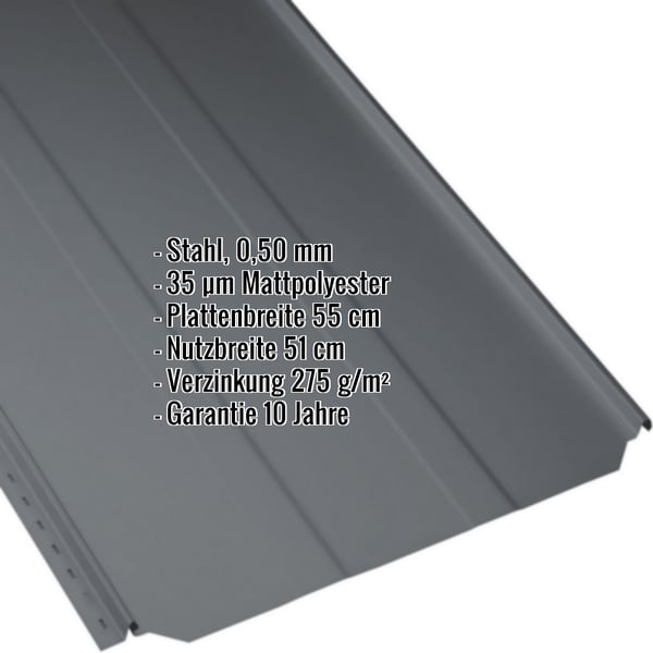 Stehfalzblech PD-510-S Trapez anthrazitgrau, 0,50 mm Stahl, mit eingeblendeten Eckdaten