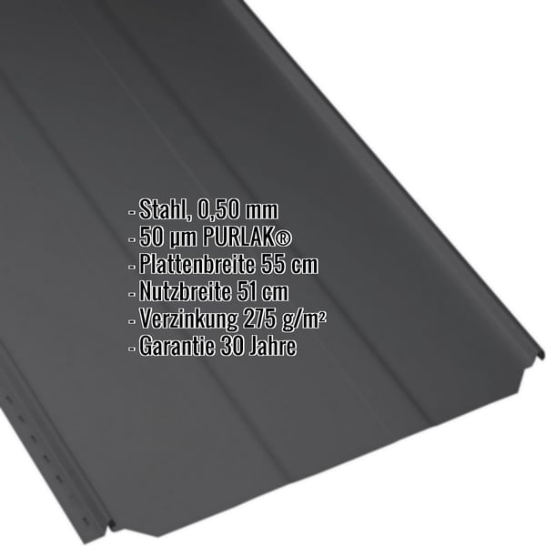 Stehfalzblech PD-510-S Trapez Tiefschwarz, Stahl 0,50 mm, PURLAK 50 µm Beschichtung, Infografik mit Eckdaten