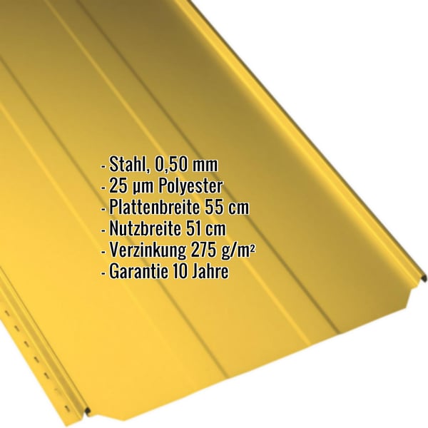 Stehfalzblech PD-510-S Trapez Rapsgelb mit eingeblendeten Eckdaten zu Material, Staerke, Breite und Garantie