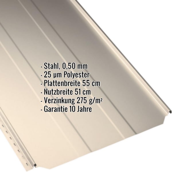 Stehfalzblech PD-510-S Trapez Hellelfenbein RAL 1015, 0,50 mm Stahl, mit eingeblendeten Eckdaten