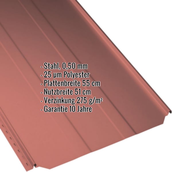 Stehfalzblech PD-510-S Trapez, Korallenrot, mit eingeblendeten Eckdaten zu Material, Staerke und Beschichtung