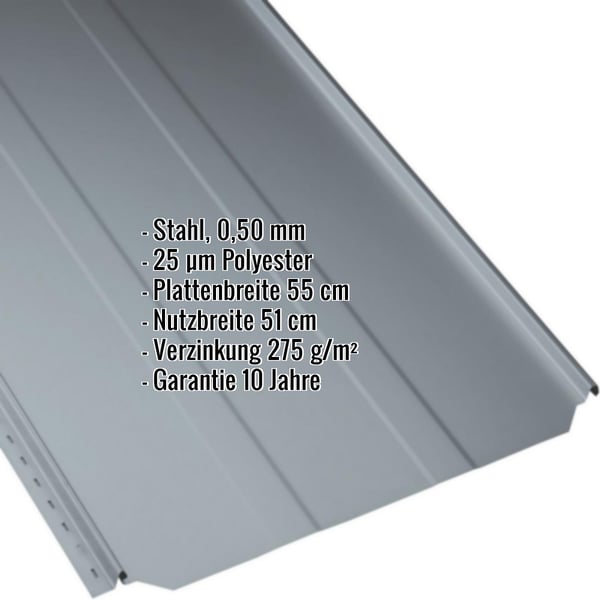 Stehfalzblech PD-510-S Trapez Fehgrau, 0,50 mm Stahl, mit eingeblendeten Produktdaten