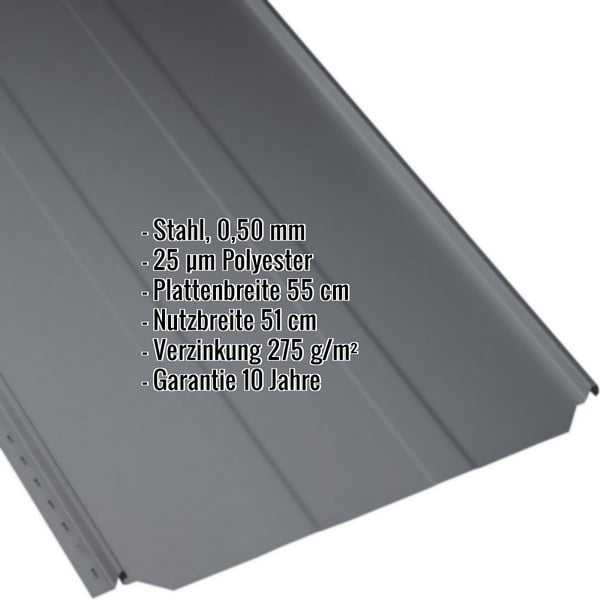 Stehfalzblech PD-510-S Trapez, Graphitgrau RAL 7024, mit eingeblendeten Eckdaten