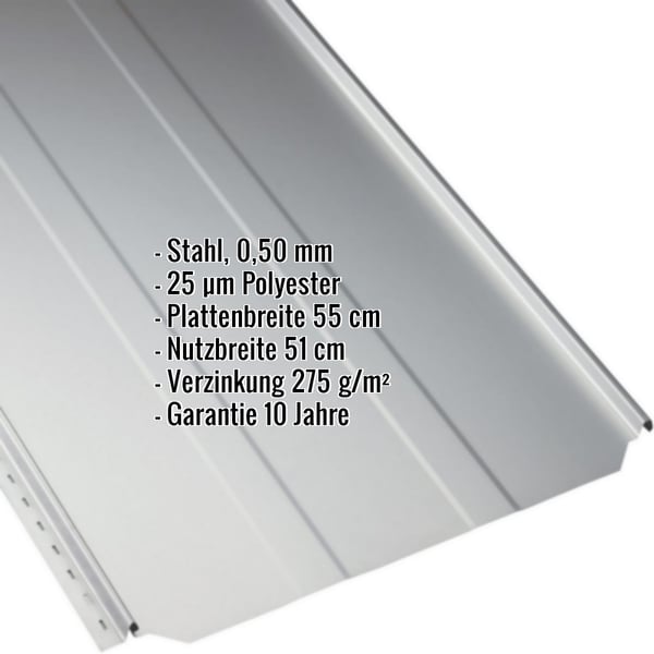 Stehfalzblech PD-510-S Trapez Lichtgrau RAL 7035, 0,50 mm, mit eingeblendeten Eckdaten